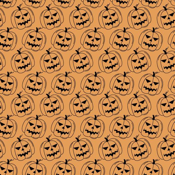 illustrations, cliparts, dessins animés et icônes de motif de griffonnage d’halloween. lanternes de citrouille noires sur fond orange. illustration vectorielle transparente. symboles de croquis de vacances d’halloween jack lanternes. éléments dessinés à la main - halloween pumpkin jack olantern industry