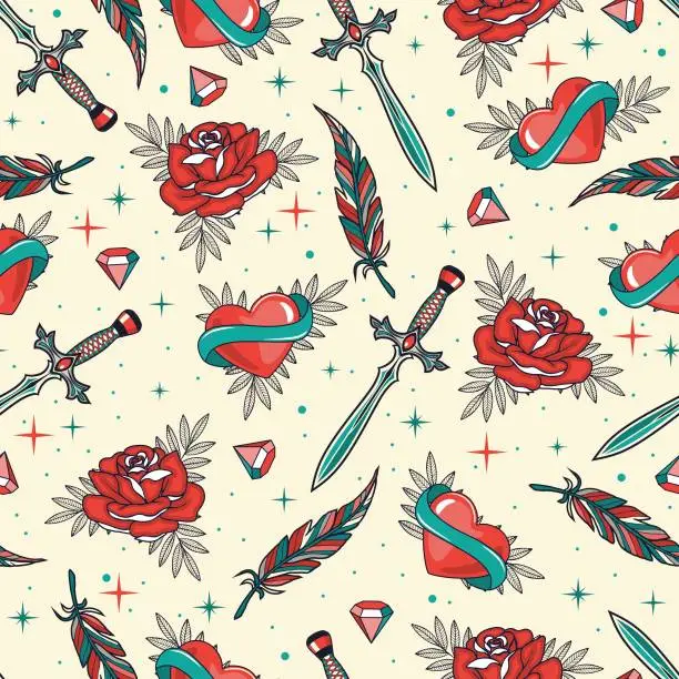 Vector illustration of Old school tattoo vector seamless pattern with roses, hearts, feathers, and daggers.