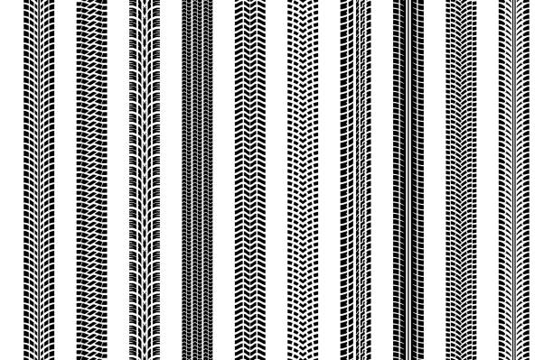 검은 타이어는 자동차 용 도로 질감 패턴에 설정된 휠 자동차 또는 운송을 추적합니다. 타이어 마크, 타이어 트레드, 트레드 마크 실루엣 기계 및 차량. 다양한 인쇄물의 컬렉션. 벡터 - tire track 이미지 stock illustrations