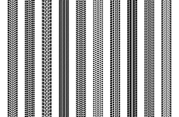 bildbanksillustrationer, clip art samt tecknat material och ikoner med black tire tracks wheel car or transport set on road texture pattern for automobile. tire marks, tire tread, tread marks silhouette for machine and vehicle. collection of various prints. vector - tryck