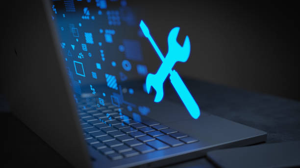 istock Settings icon glowing concept in a dark laptop with hologram 3D Render 1417883263
