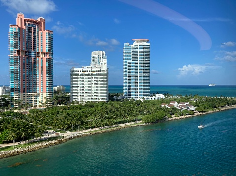 Aerial view of MacArthur Causeway and Miami Cityscape