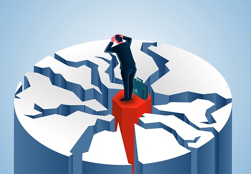 Isometric Businessman standing on top of mountain with multiple cracks, stock market falling, financial crisis or economic bubble burst, investment failure