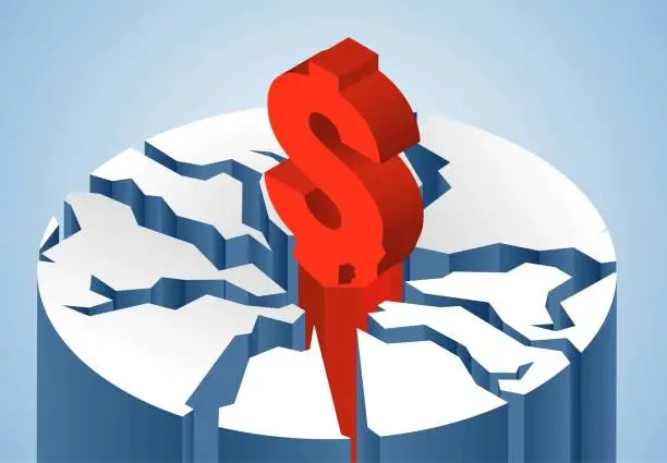 Vector illustration of Financial crisis, investment risk, lose money with losses, deflation and inflation concept, economic collapse or stock market crash, dollar sign mountain peak with wide cracks from the top of the mountain