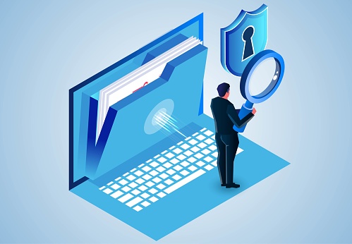 Folder document search and file security protection, file security and access rights, isometric businessman holding magnifying glass searching for files on laptop