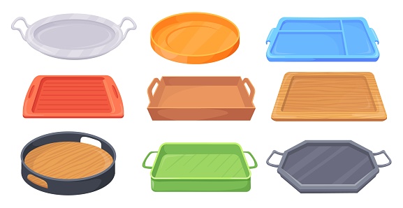 Empty meal trays. Cartoon tray food dish cafeteria service, wood plastic metal kitchen circle square plate canteen breakfast or restaurant platter isolated vector illustration of tray empty for food