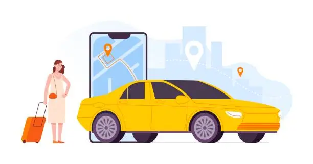Vector illustration of Cabs service application. Woman waiting taxi car route in airport location, mobile app service online city cab travel delivery transport auto traffic, splendid vector illustration
