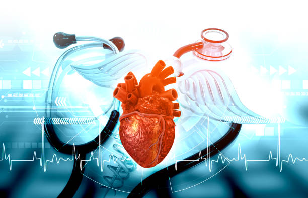 istock Human heart on medical background 1417888019