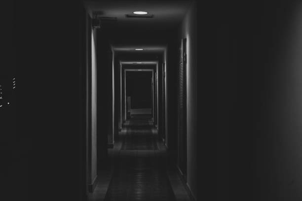 dark corridor at night in a residential building, corridor stock photo