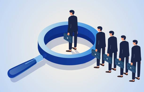 ilustrações de stock, clip art, desenhos animados e ícones de isometric businessman standing in line waiting to walk to magnifying glass for review, job inspection and supervision, hr recruitment and candidates - individuality standing out from the crowd contrasts competition