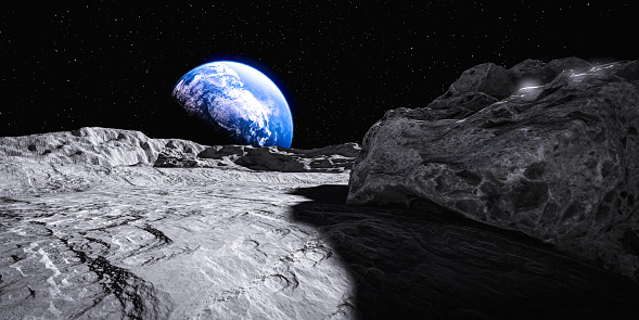 3d illustration. View of the planet Earth from the surface of the Moon.\