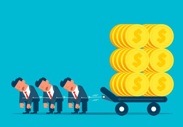 Exhausted group of businessmen dragging a cart of gold coins, overweight and overloaded work stress Exhausted group of businessmen dragging a cart of gold coins, overweight and overloaded work stress slave market stock illustrations