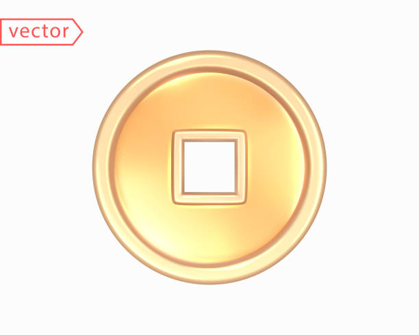 istock Ancient old gold coin of China with a square hole. Realistic 3D mocap design element. Object isolated on white background. Vector Icon 1417892503