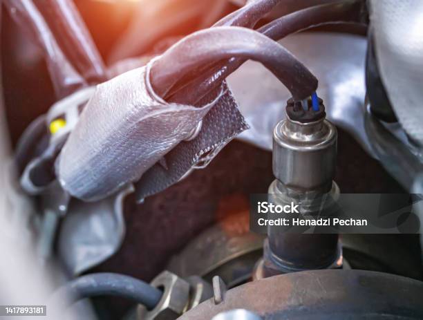 Automotive Sensor Lambda Probe In A Diesel Engine Measuring Oxygen Content In Car Exhaust Gases Macro Stock Photo - Download Image Now