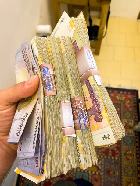 hand hold iranian money banknotes after exchange 100 dollars - iranian currency imagens e fotografias de stock