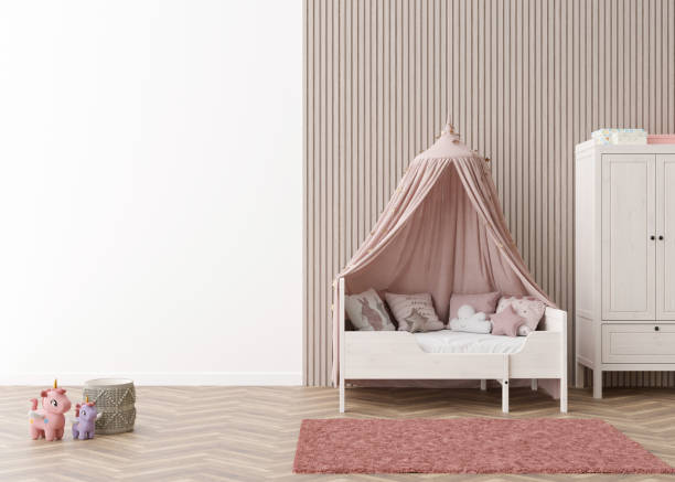 istock Kids room wallpaper presentation mock up. Empty white wall in modern child room. Copy space for your wallpaper design, wall stickers or other decoration. Interior in scandinavian style. 3D rendering. 1417894775