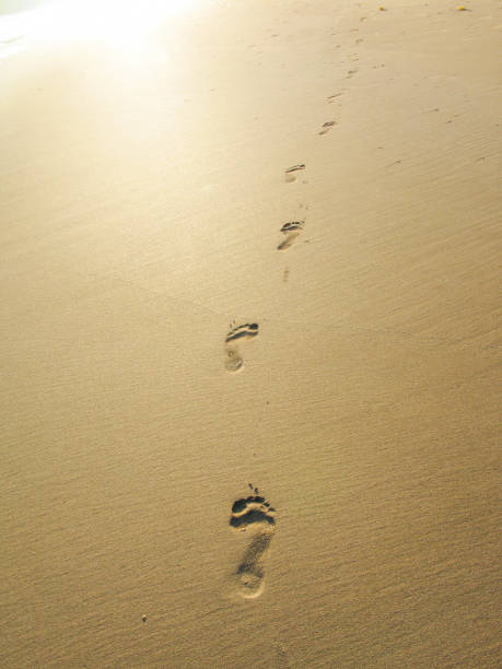 Footprints on sand Footprints on a sandy beach with sun behind, Sabang, Palawan, Philippines. sabang beach stock pictures, royalty-free photos & images