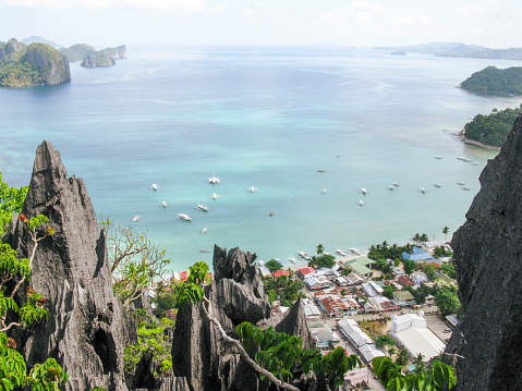 View to El Nido from top of karst Taraw Cliff, Palawan, Philippines.