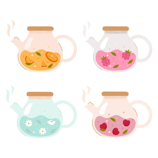 다른 맛, 약초, 베리 및 과일 차를 가진 유리 주전자 세트 - flower cherry cup tea stock illustrations