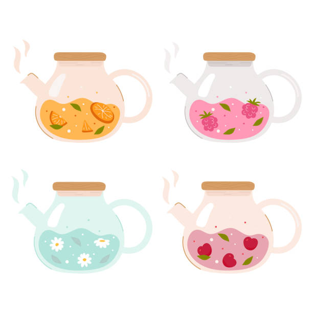 набор стеклянных чайников с различными вкусами, травяной, ягодный и фруктовый чай - flower cherry cup tea stock illustrations