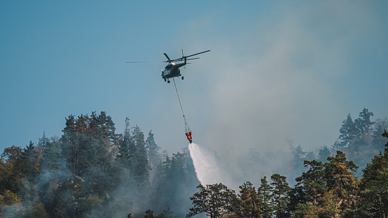 A firefighter helicopter taking water from a river
