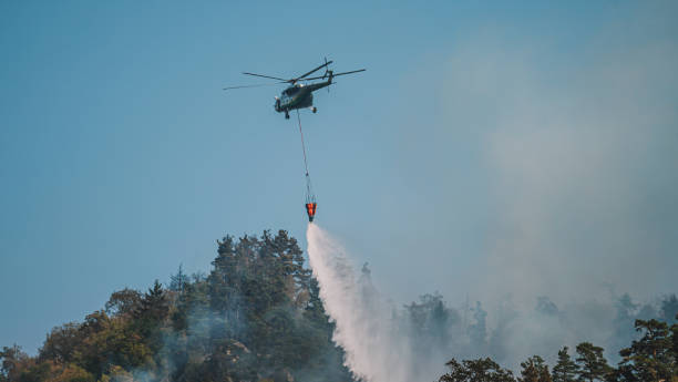 istock Firefighter helicopter and fire in the forest. 1417898940