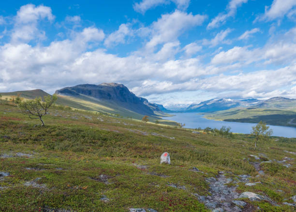 istock Lapland landscape with beautiful river Lulealven, snow capped mountain, birch tree and footpath of Kungsleden hiking trail near Saltoluokta, north of Sweden wild nature. Summer blue sky 1417899013