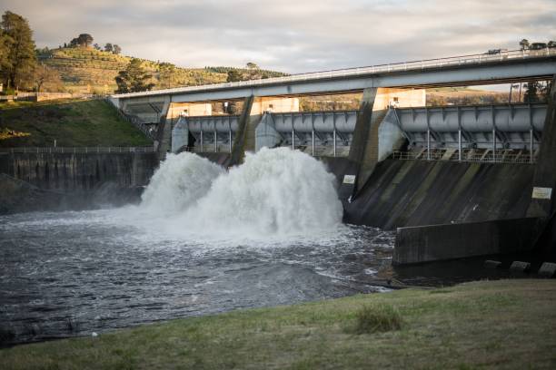 istock Flowing water from the dam wall surrounded by trees 1417901038