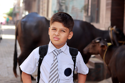 Standing portrait of elementary student against rural background.