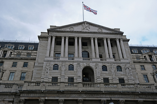 Bank of England façade and entrance off Treadneedle Street. Illustrates finance, economics, money, cost of living crisis and inflation. City of London, United Kingdom, August 22, 2022.