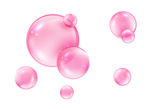 Pink bubbles on white background. Collagen bubbles. Fizzy sparkles. Bubble gum.