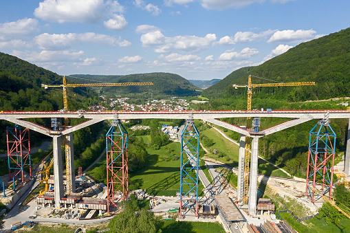 Construction of a high speed train bridge over the valley, aerial view.