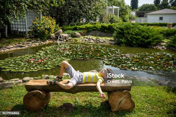 Boy Is Laying On A Bench In A Park Near Peaceful Lake Kid Relaxing On Nature On Hot Summer Day Clear Blue Sky Stock Photo - Download Image Now