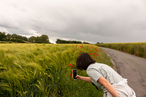 A girl with a phone photographs a wheat field with poppies