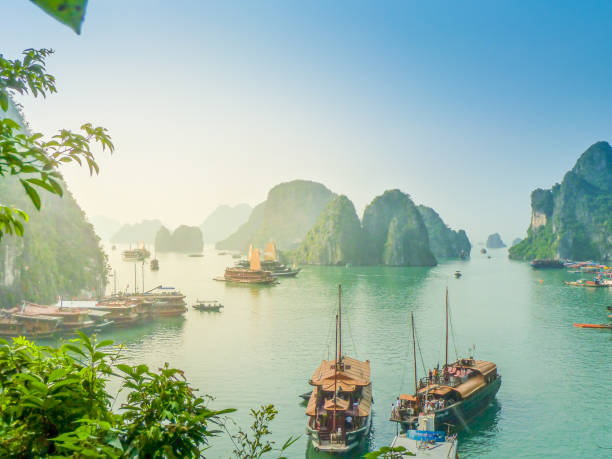 luftaufnahme von sonnenuntergang und morgendämmerung in der nähe von felseninsel, halong-bucht, vietnam, südostasien. unesco-weltkulturerbe. junk-boot-kreuzfahrt nach ha long bay. - bay stock-fotos und bilder