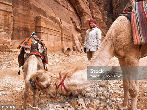 Young Woman Standing Next To Two Camels There Are Lot Of These Animals In Petra Jordan Stock Photo - Download Image Now