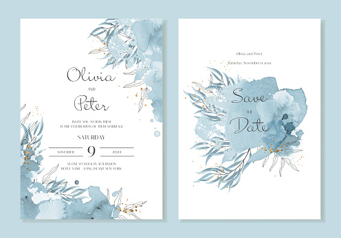 Wedding invitation template with botanical leaves, watercolour blue strokes. Abstract winter background vector design for wedding