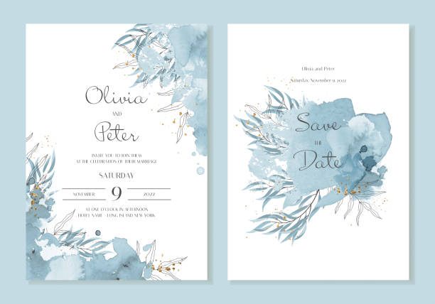 Wedding invitation template with botanical leaves, watercolour blue strokes. Abstract winter background vector design for wedding Wedding invitation template with botanical leaves, watercolour blue strokes. Abstract winter background vector design for wedding wedding invitation stock illustrations