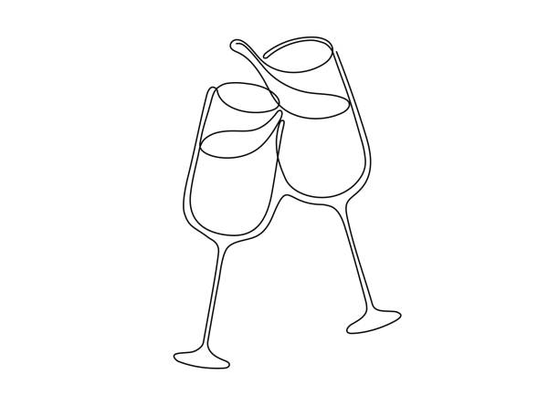 シャンパン2杯、シャンパン付きセレブレーショントースト、ラインアート、ベクターイラストレーションストックイラストレーター - champagne flute champagne glass alcohol点のイラスト素材／クリップアート素材／マンガ素材／アイコン素材