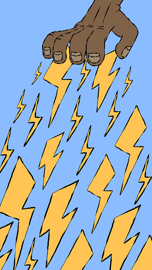 Hand-drawn cartoon illustration - hands throw lightning. Pop art/comic book.