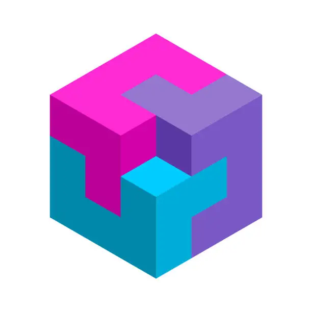 Vector illustration of Colorful 3D cube made of three elements. Geometric shape with one empty room.