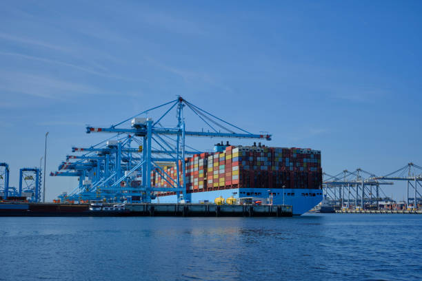 istock ROTTERDAM, THE NETHERLANDS - New container terminal with a very large container ship and in the foreground a smaller inland container ship on the Maasvlakte of the port of Rotterdam 1417917547
