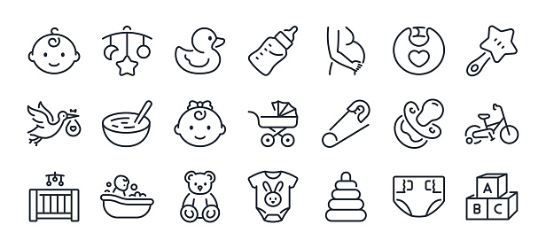 Baby care editable stroke outline icons set isolated on white background flat vector illustration. Pixel perfect. 64 x 64.