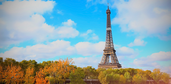 The Eiffel Tower, iconic Paris landmark  as autumn trees park with blue sky scene at Paris ,France