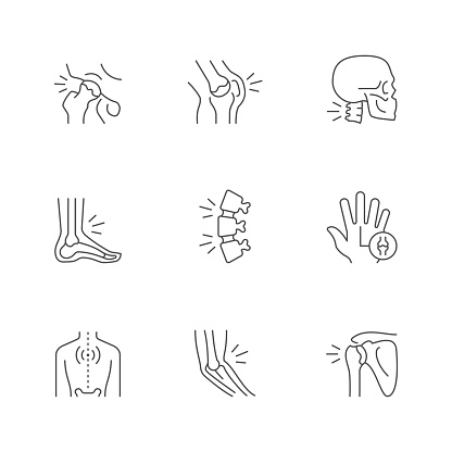 Set line icons of joint pain isolated on white. Arthritis, rheumatism, osteoporosis, back or spine ache, orthopedic problem. Vector illustration