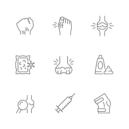 Set line icons of joint pain isolated on white. Arthritis, rheumatism, osteoporosis, wrist ache, orthopedic problem, bunion, ointment, knee brace, injection, bone examination. Vector illustration