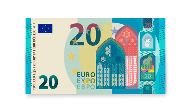 白い背景に20ユーロ紙幣。 - european union euro note european union currency paper currency currency点のイラスト素材／クリップアート素材／マンガ素材／アイコン素材