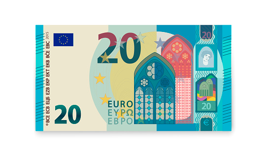 Twenty euro banknotes on a white background.
