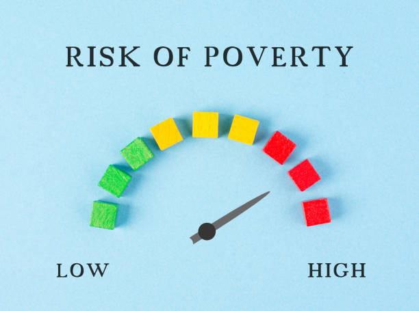 istock The words risk for poverty are standing in german language over the loading bar, high and low stands below, the pointer indicates to the red area, inflation and recession concept, german language 1417922876
