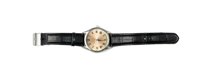 Broken wristwatch isolated. Old wrist watch with black leather strap, classic vintage watch with a crack on the glass, retro clock top view